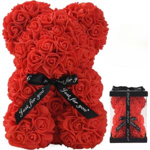 Urs de pluș din trandafiri roșii, 25 cm, în cutie cadou, perfect pentru Ziua Îndrăgostiților, aniversare, ziua de naștere sau orice altă ocazie specială - Idee de cadou pentru Valentine's Day