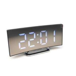 Czarny zegar budzik z zakrzywionym wyświetlaczem lustrzanym i białymi cyframi LED - Budzik
