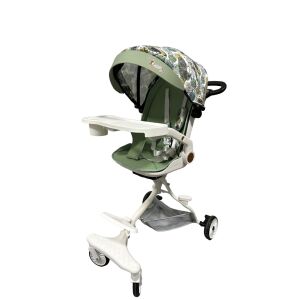 KipHome 3-in-1-Kinderwagen mit grünem Blatt-Muster, weißem Gestell, Verdeck, Tablett und Getränkehalter - Flippy