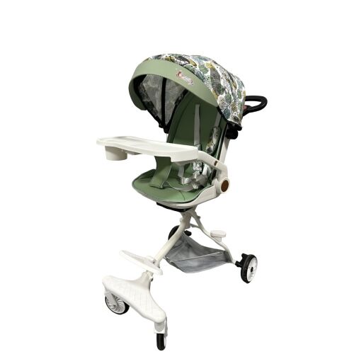KipHome 3-in-1-Kinderwagen mit grünem Blatt-Muster, weißem Gestell, Verdeck, Tablett und Getränkehalter