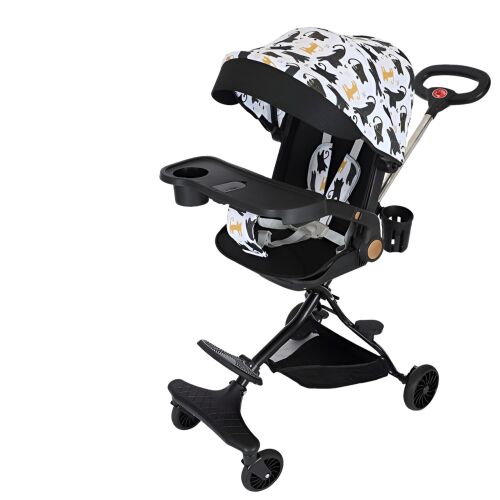 Flippy 3-in-1-Sportkinderwagen, 6–36 Monate, wendbar, faltbar, Tischtablett, Schlafposition, Sicherheitsgurt, 360-Grad-Räder, Getränkehalter, Sonnendach, 32 x 63 x 95 cm, schwarzes Kätzchenmu