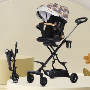 KipHome 3in1 Kinderwagen, braunes Karomuster, mit Getränkehalter, faltbar, 360 Grad Räder, umkehrbarer Sitz, 6-36 Monate - Flippy