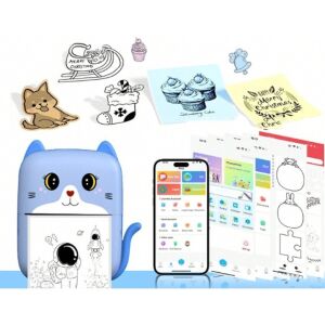 Mini hordozható fotónyomtató, KipHome, USB töltés, Bluetooth, Kitty minta, fekete-fehér nyomtatás, kék
