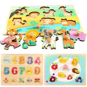 Montessori fából készült puzzle gyerekeknek, KipHome, 3D, 0-3 éves korig, növényi mintás, oktató, intuitív, kreatív, 9 db, 30x22,5x0,8 cm, többszínű 145776101 - Baba puzzle