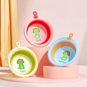 Összecsukható kád gyerekeknek, KipHome, Babakád, Kerek dinoszaurusz mintás, Rózsaszín, 30x30x3,7 cm, 4L