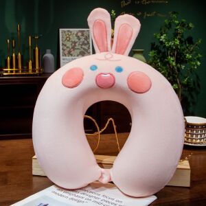 U-alakú utazópárna, KipHome, nyakra és fejre, memóriahabos töltelék, 30x30 cm, nyuszi minta, utazási kiegészítő, iroda, autó, tűzőrendszer, rózsaszín