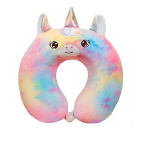 U-alakú utazópárna, KipHome, nyakra és fejre, memóriahabos töltelék, 30x30 cm, egyszarvú minta, utazási kiegészítő, iroda, autó, kapcsos rögzítőrendszer, többszínű