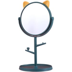 Kozmetikai tükör lábbal, KipHome, HD, 360 fokos elforgatás, 15 cm átmérő, ékszertartó kerek talp + 2 kar, fülmodell, 31 x 14,5 x 15 cm, műanyag, kék/sárga