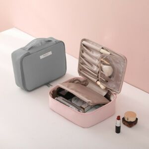 Utazótáska, KipHome, kozmetikumokhoz és piperecikkekhez, Vízálló anyag, 2 az 1-ben, Kivehető belső szemhéjfesték, 23 x 16 x 8 cm, szürke