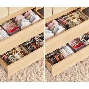 Tárolódoboz, KipHome, Fehérneműhöz, Zoknihoz és Melltartóhoz, Textil anyag, 24 rekeszes, 32 x 32 x 10 cm, Bézs színű