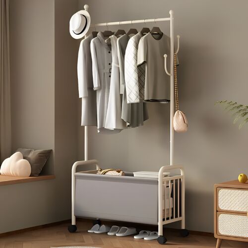 Weißer Kleiderständer aus Metall mit Kleiderbügeln, Schuhablage und Rollen, 80 x 37 x 168 cm
