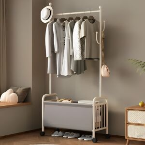 Biały stojak na ubrania z wieszakami, schowkiem na buty i kółkami, 80 x 37 x 168 cm - Meble do sypialni