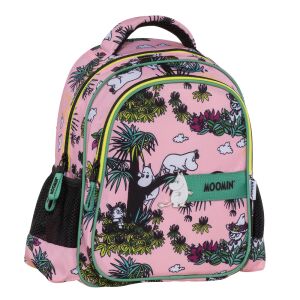 Rózsaszín Moomin óvodai hátizsák zöld és sárga díszítéssel, Moomin karakterekkel trópusi mintán - Ovis hátizsák, táska