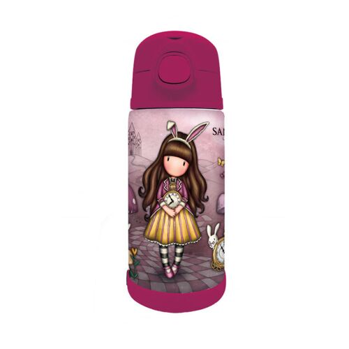 Santoro Gorjuss Just One Second 450ml Thermo Wasserflasche mit rosa Deckel und einem Design mit einem Mädchen mit Hasenohren