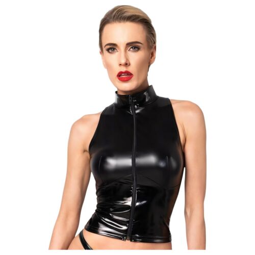 Fekete fényes cipzáras top, ujjatlan, wet look, galléros, <product_name> Noir 