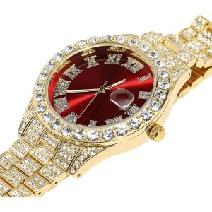Goldene und rote Iced-Out-Uhr mit Zirkon-Einsätzen, unisex, wasserdicht, Edelstahl, mit verstellbarem Armband, Premium-Verpackung - Uhren für Herren