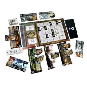 Komponenty spoločenskej hry Chronicles of Crime, vrátane herného plánu, kariet miest, kariet postáv, kariet dôkazov a žetónov - Asmodee