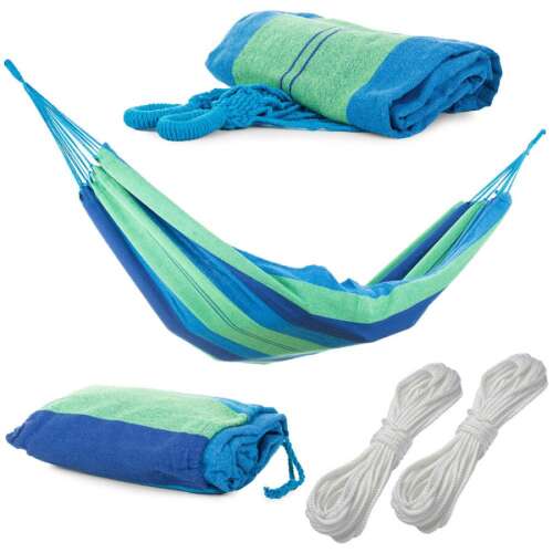 Collage of a blue and green striped hammock with two white ropes and a blue carrying bag