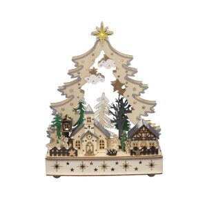 Home KAD26 sat de Crăciun decorativ pentru masă, utilizare interioară, 12 LED-uri alb cald, motive din lemn tăiate cu laser 122075060 - Decorațiuni de Crăciun