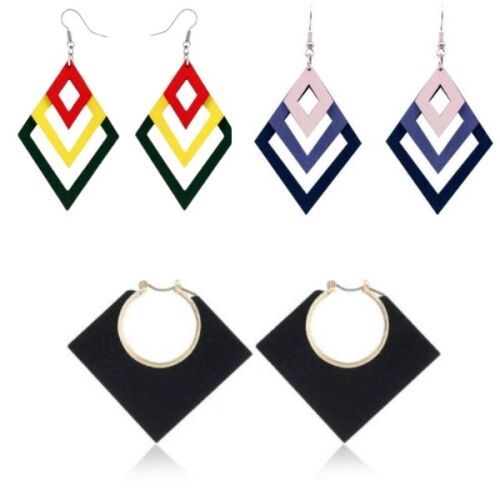 3 db-os készlet. Fa fülbevaló, geometrikus formák, gyémánt minta, több színű 122097401