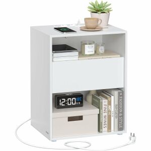 Biely nočný stolík so zásuvkou, otvorenou poličkou a integrovanou zásuvkou s USB portami a AC zásuvkami - Nočné stolíky