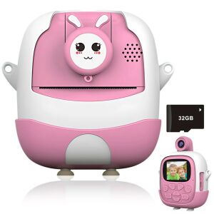 Azonnali kamera gyerekeknek, KipHome, nyomtatási funkcióval, USB-C kábel, Bluetooth, iOS/Android rendszerrel kompatibilis, elülső kamera + szelfi, nyúlminta, kötőpánttal, rózsaszín