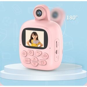 Azonnali kamera gyerekeknek, KipHome, előlapi kamera + szelfi, nyomtatási funkcióval, USB-C kábel, Bluetooth, iOS/Android kompatibilis, APP nyomtatás, nyuszi minta, rózsaszín