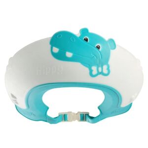 Gyermek fürdővédő védőszemüveg, Fippy, víziló mintás, állítható méretű, tartós, könnyen tisztítható, samponálló, szemnek és fülnek, TPE+PP, 22x21 cm, kék 122101062 - Hajmosó karika és kancsó