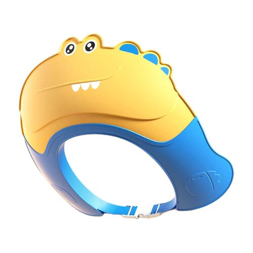 Zuhanyzósapka, KipHome, Megakadályozza a víz és a sampon kifolyását az arcra, 0-12 év, állítható, TPE+PP anyagból, 20 x 23 cm, krokodil mintás, sárga/kék 122101231