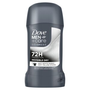 Dezodorant v tyčinke Dove Men+Care Advanced Invisible Dry, 72 hodín ochrany, proti bielym škvrnám, proti žltým škvrnám, antiperspirant, antiperspirant, antibakteriálna kontrola zápachu - Dove