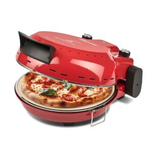 Piekarnik elektryczny do pizzy Girmi FP50 w kolorze czerwonym z pizzą w środku - Girmi