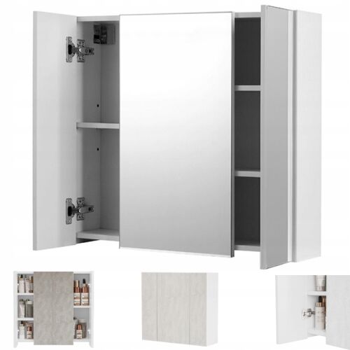 Wandmontierter Badezimmerschrank mit dreiteiligem Spiegel, offene Ansicht mit Regalen