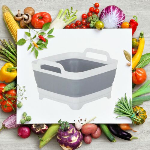 Összecsukható szilikon tál lefolyóval és fogantyúkkal, 8 literes, fehér alapon zöldségek veszik körül