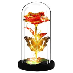 Ewige Rose im Glas mit LED-Licht - Rot/Gold - Schmetterling, 1 Rose LOVE05