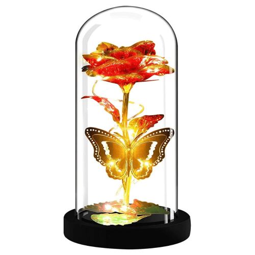 Trandafir veșnic roșu și auriu cu lumini LED într-o cupolă de sticlă, cu fluture, LOVE05