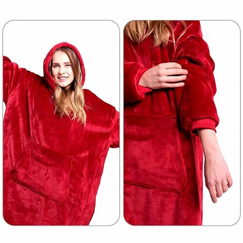 Koláž červenej 2v1 deky s kapucňou, nadmerná nositeľná deka s vreckom
