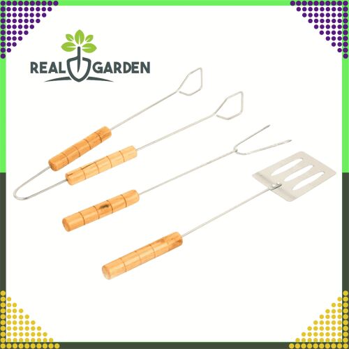 Set ustensile grătar Real Garden: Spatulă, furculiță și clești cu mânere din lemn