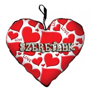 Szív alakú díszpárna szívekkel és 'Szeretlek' felirattal - Díszpárna
