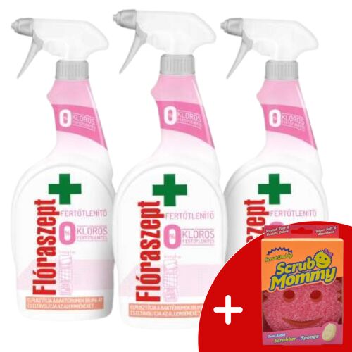 Flóraszept bezchlórový dezinfekčný sprej do kuchyne 3x700ml s hubkou Scrub Mommy