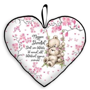 Szív alakú díszpárna macikkal és virágmintával. 'Nagyon szeretlek' üzenet. - Díszpárna