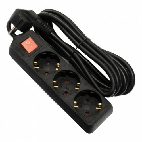 Prelungitor Strohm cu 3 prize, cu întrerupător, cablu de 1,5 metri, negru