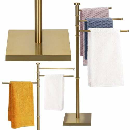 Collage of Springos gold towel rack with rotating arms