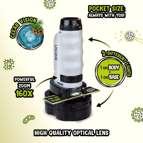 Lisciani Jestem Genialnym Naukowcem 2 w 1 Mikro-Mikroskop z 160-krotnym zoomem, wysokiej jakości soczewką optyczną, 2 różnymi światłami, kieszonkowy, idealny dla dzieci do odkrywania mikroskopijnego świata