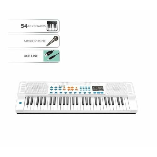 Biela elektronická klávesnica s 54 klávesami, mikrofónom a USB káblom, 200 tónmi, LED displejom, vhodná pre deti od 3 rokov
