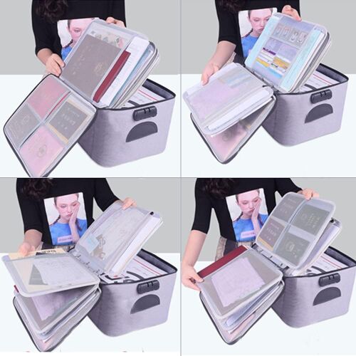 KipHome dokumentum tároló táska, szürke, nyitva, belső rekeszek és dokumentumok láthatóak, kollázs