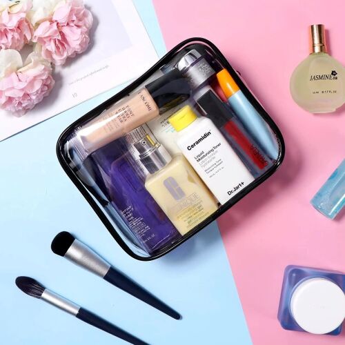 Átlátszó kozmetikai rendszerező - 3 db-os készlet, fekete cipzárral zárható, méretei 20,5x17x7 cm 122205262