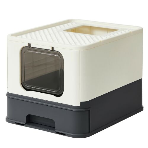 FEANDREA macskaalom doboz kihúzható tálcával, bézs és fekete, elülső nézet