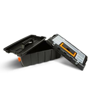 Čierna a oranžová plastová nádoba na náradie s vyberateľnou zásuvkou a priehľadným vekom, 41 x 22 x 18 cm - Handy Boxy a tašky na náradie