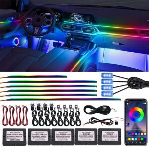 Kit de iluminare ambientală interioară auto LED RGB 18 în 1 cu control prin aplicație, care arată luminile și componentele instalate - Lumini auto