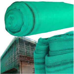 Plasă de umbrire verde, rulată, cu exemple de utilizare pe o clădire - Gardlov